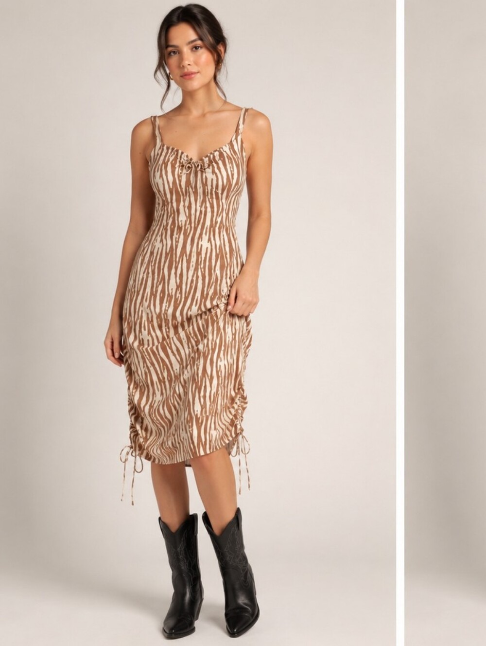 🤎🤎Backyard Roses Zebra Print Ruched Midi Dress –  SIZE MED......B8
